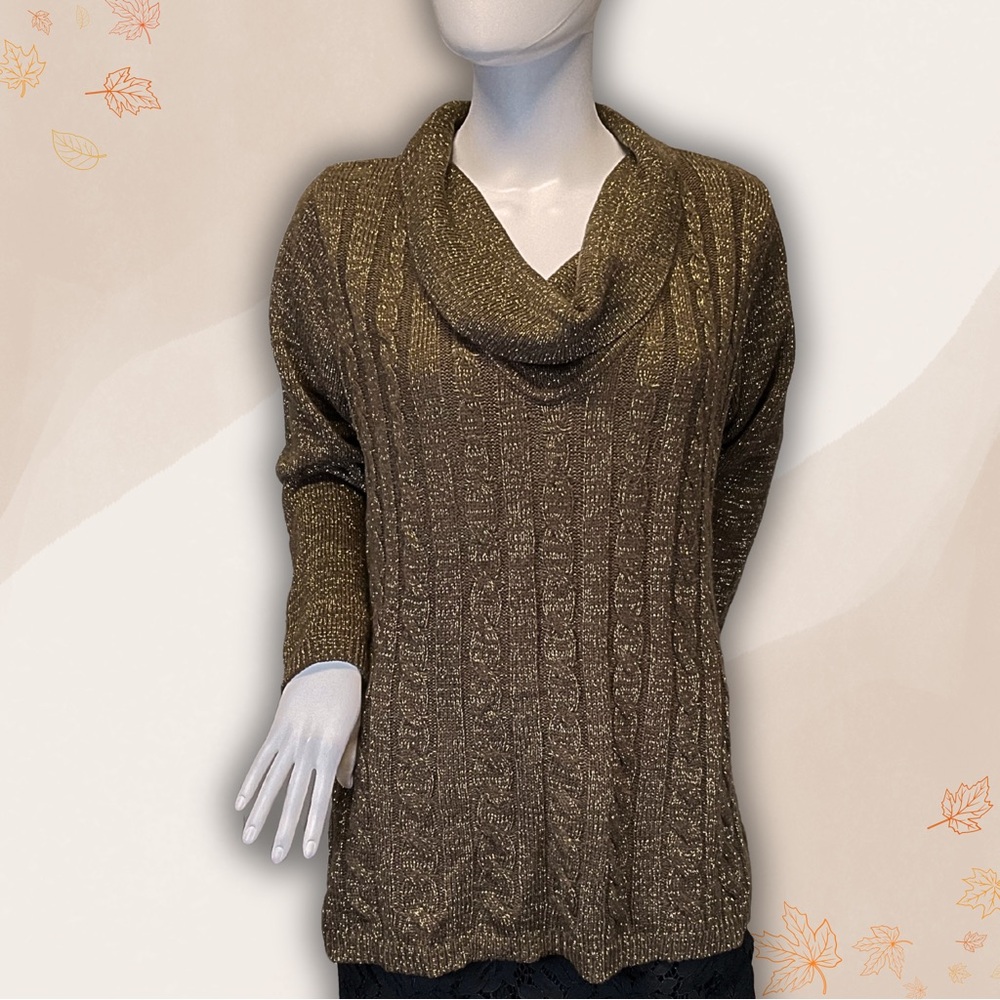 Susan Graver Style Brown Gold Sparkle Cowl Neck Sweater Women's Size Large